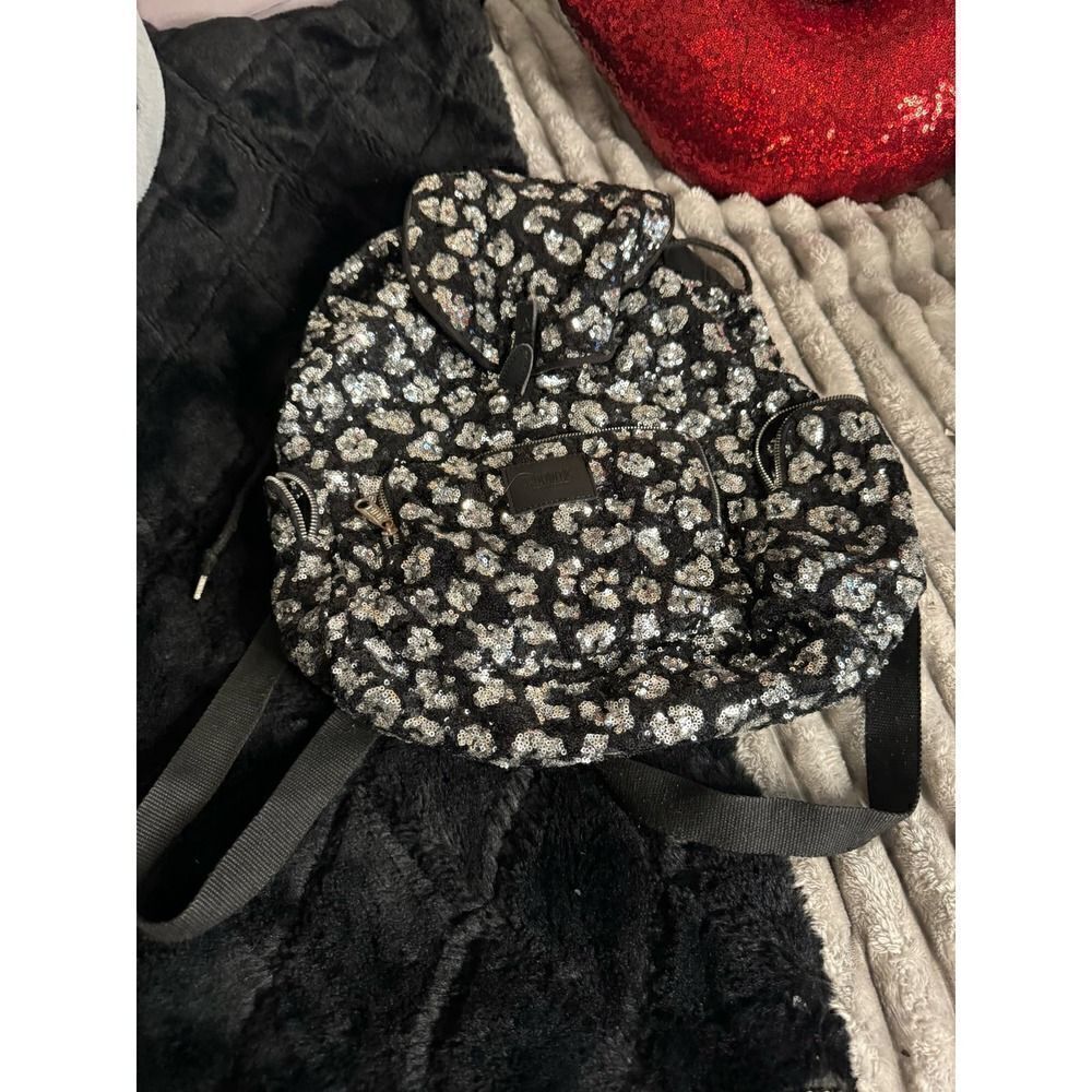 Victorias secret VS pink leopard cheetah sequin bling backpack + pouch - Picture 10 of 11